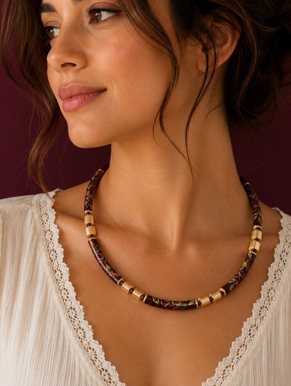 VTG 1970s Japanese Floral Acrylic Tube Beaded Choker Necklace
